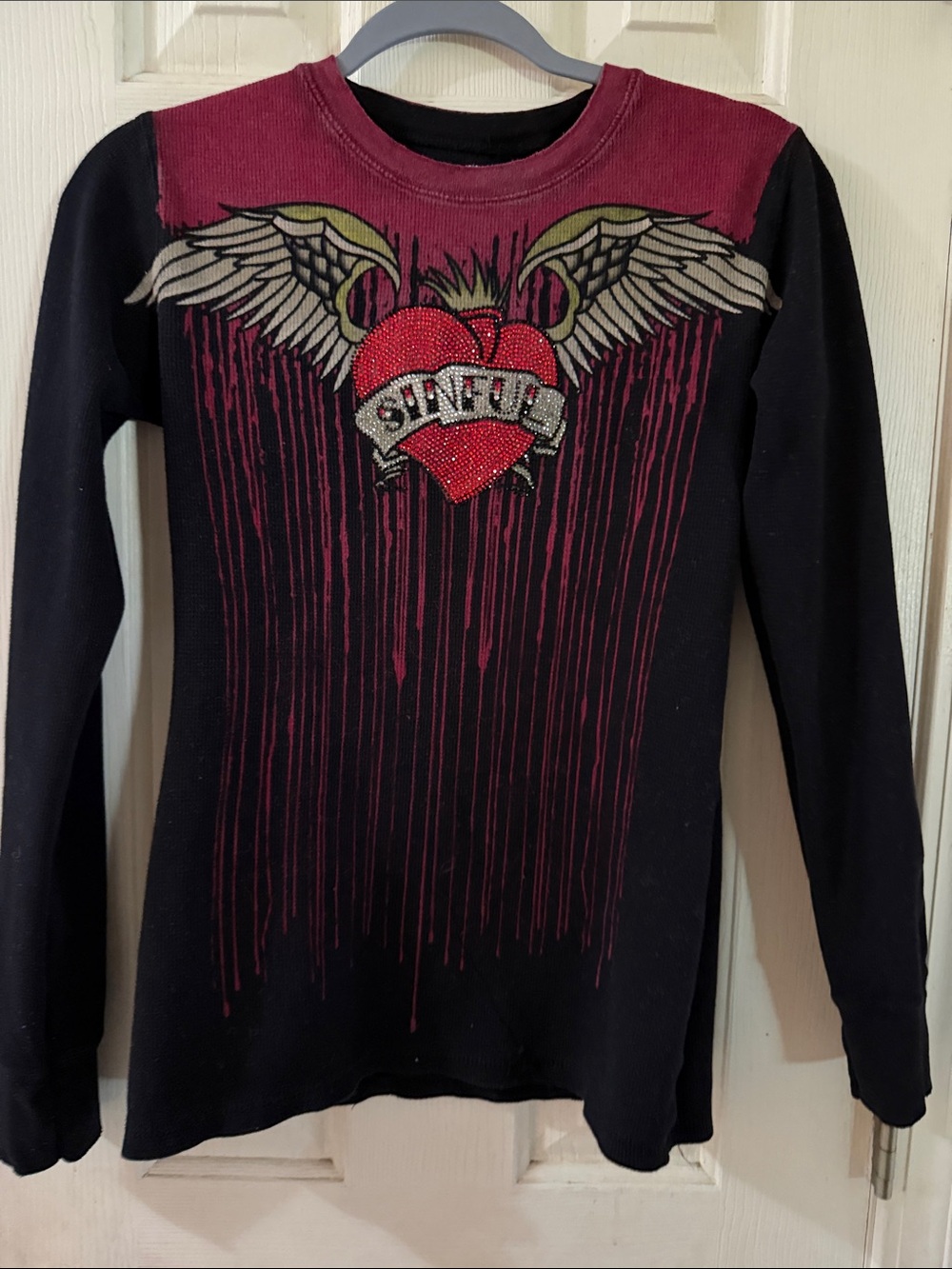 Sinful Graphic Winged Heart Long Sleeve Top - Black & Burgundy